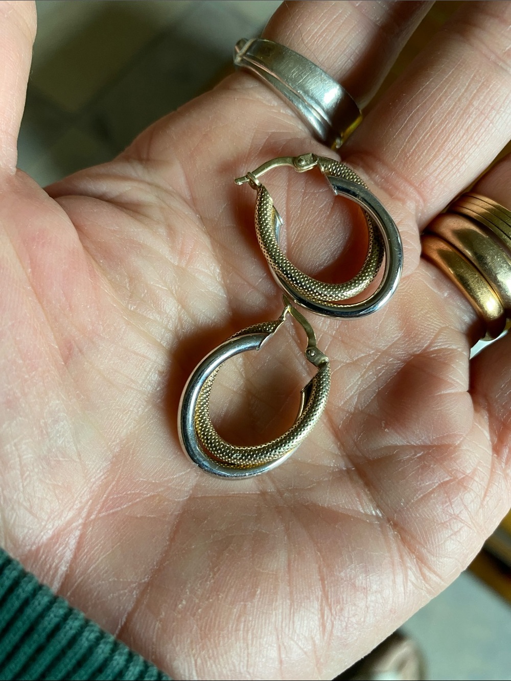 Sterling Silver Double Hoop Earrings With Contrast Gold Tone/Silver Marked 925